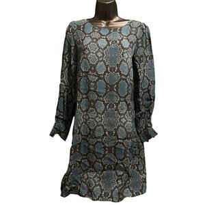 Ichi Blue & Teal Animal Print Long Sleeve Mini Dress - Size 34